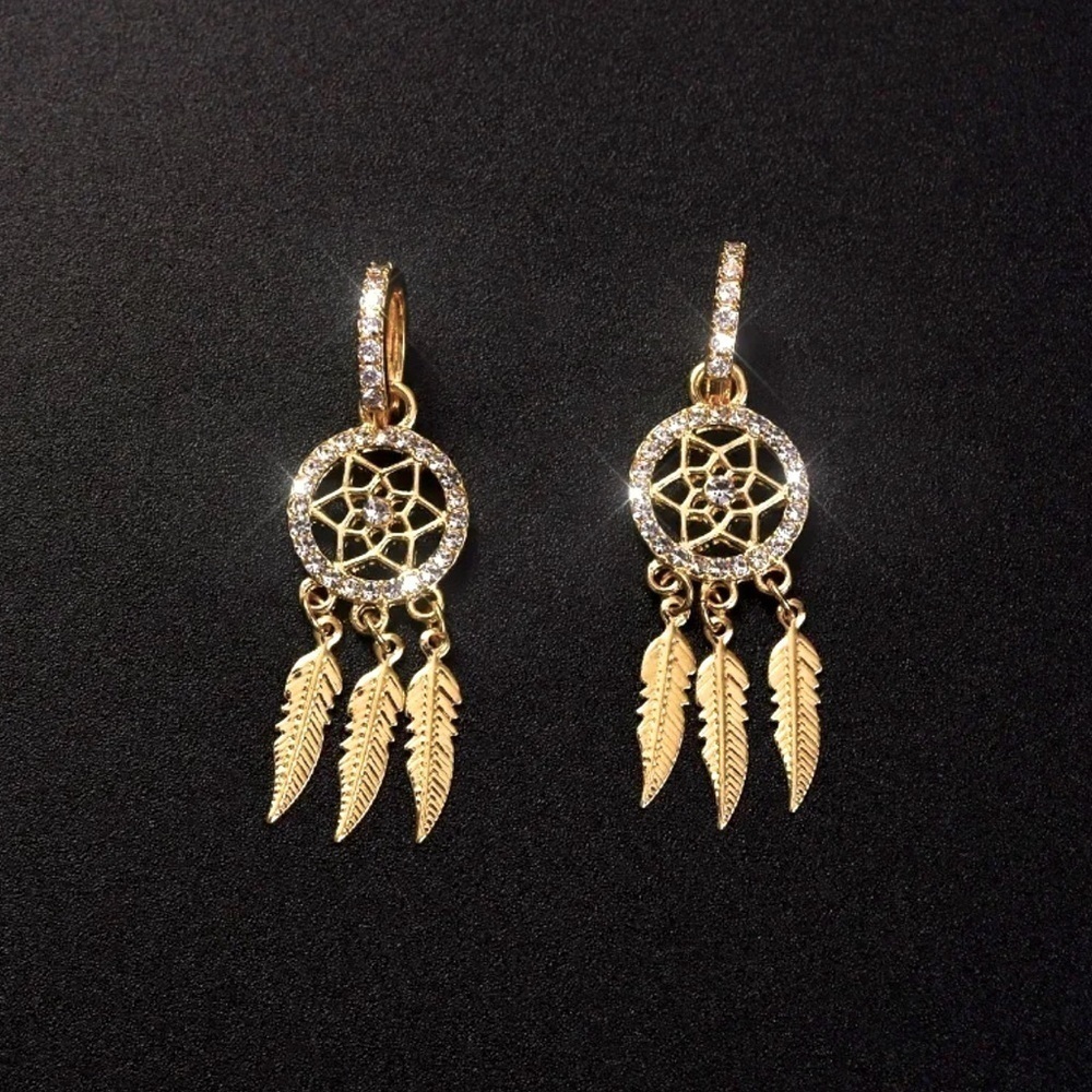 14K Gold Bohemian Dream Catcher With Feathers & Diamond Accents